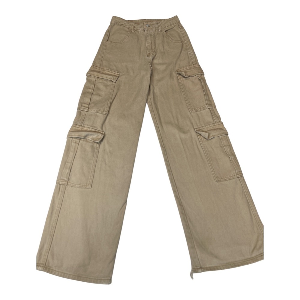 Shein Womens XXS 0 Tan Cargo Pants Wide Leg High‎ Rise Casual Distressed